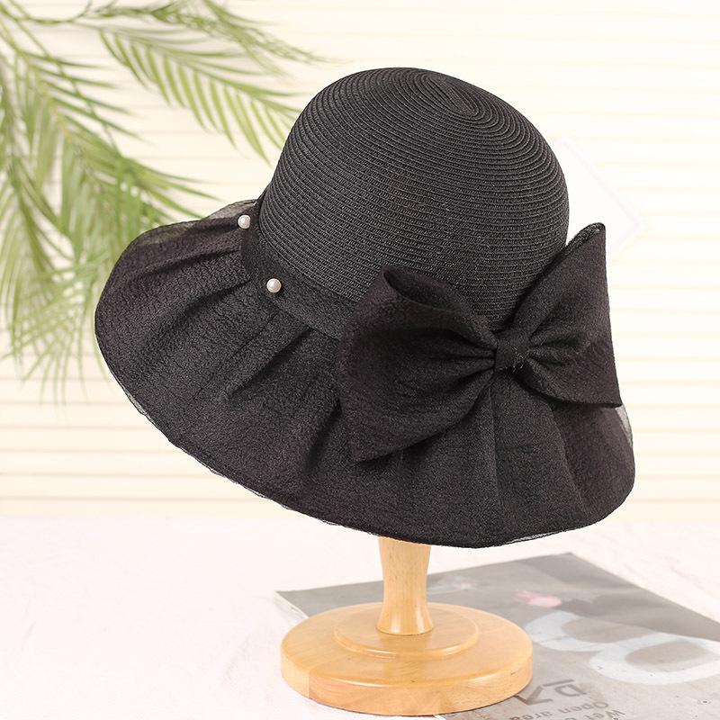 Summer Seaside Sunscreen Straw Hat Women's Big-brimmed Sun Hat Showing Face Small Bucket Hat Pearl Bow Beach Hat