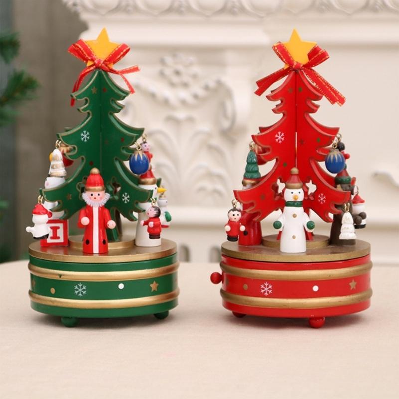 Natural Wood Christmas Tree Rotating Musical Decoration with Figurines Ornaments Holiday Party Centerpieces Music Box