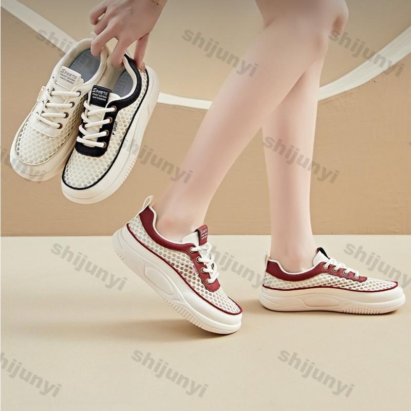 Fashion Women's White Sneakers 2025 Summer New Mesh Breathable Comfortable Outdoor Sports Shoes Fashion Lace Up Height Increase Flats