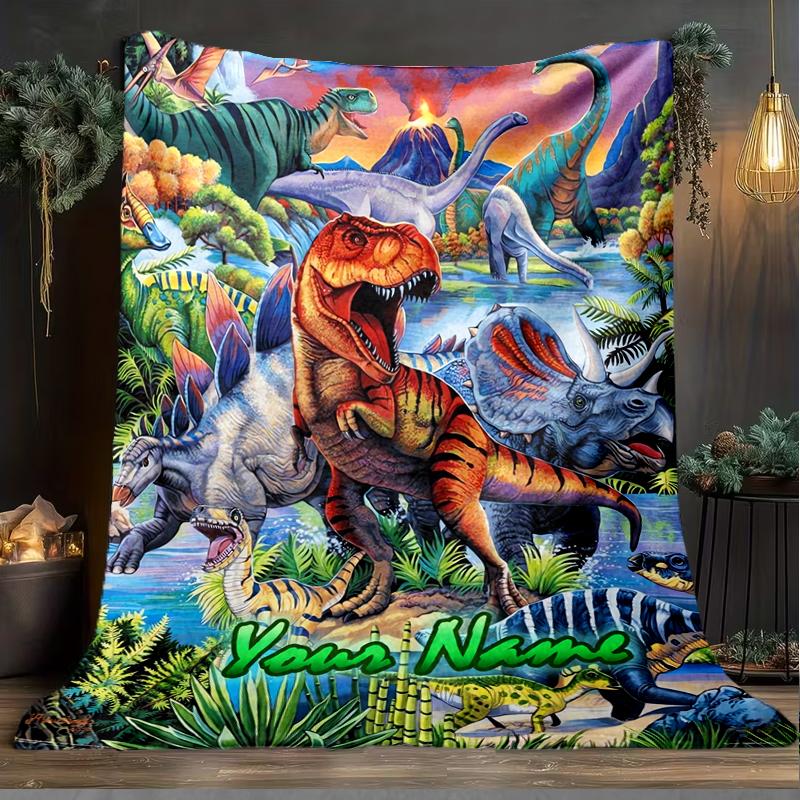 1PC Custom Name Dinosaur Adventure Prehistoric World outdooor Flannel blankets Patterns Throw Blanket All-Season Soft Gift for Couch, Bed, Camping gif
