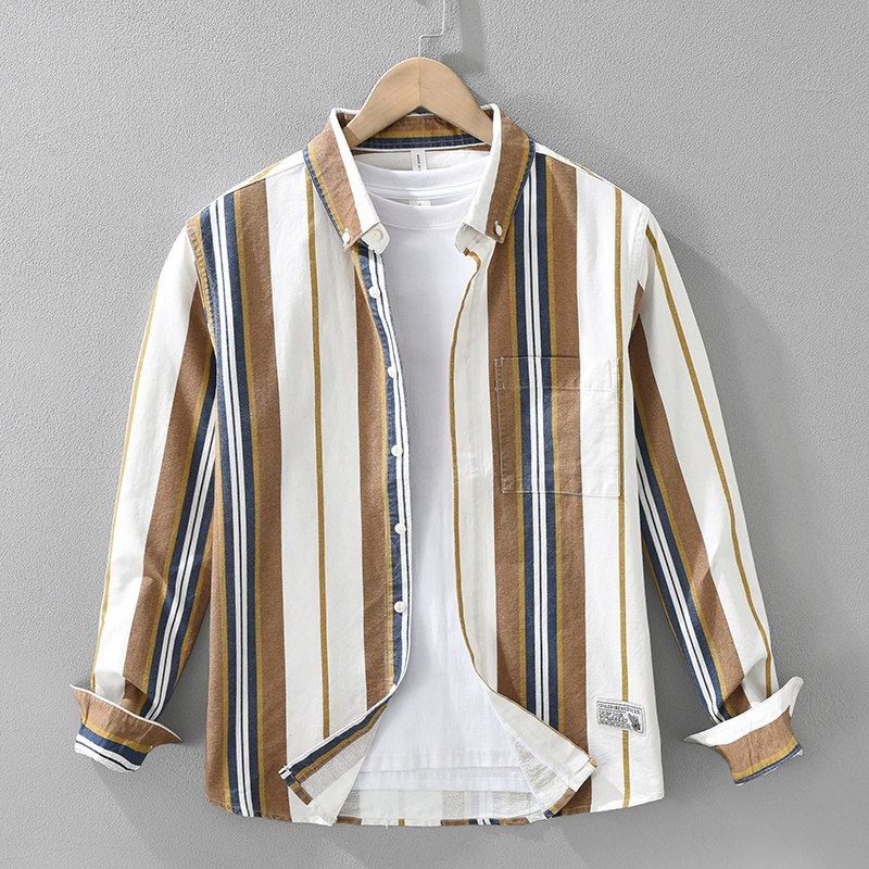 Spring Japan fashion Retro Stripe Color Matching High-Grade Pure Cotton Long sleeve Shirts Men's Shirt Outerwear Hong Kong British Style