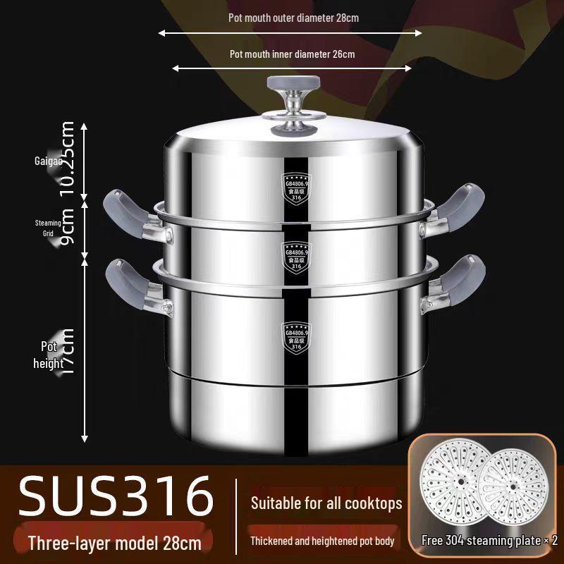 316 Stainless Steel Steamer Pot with Silicone Handle - Large Capacity Multi-layer Stew Basket