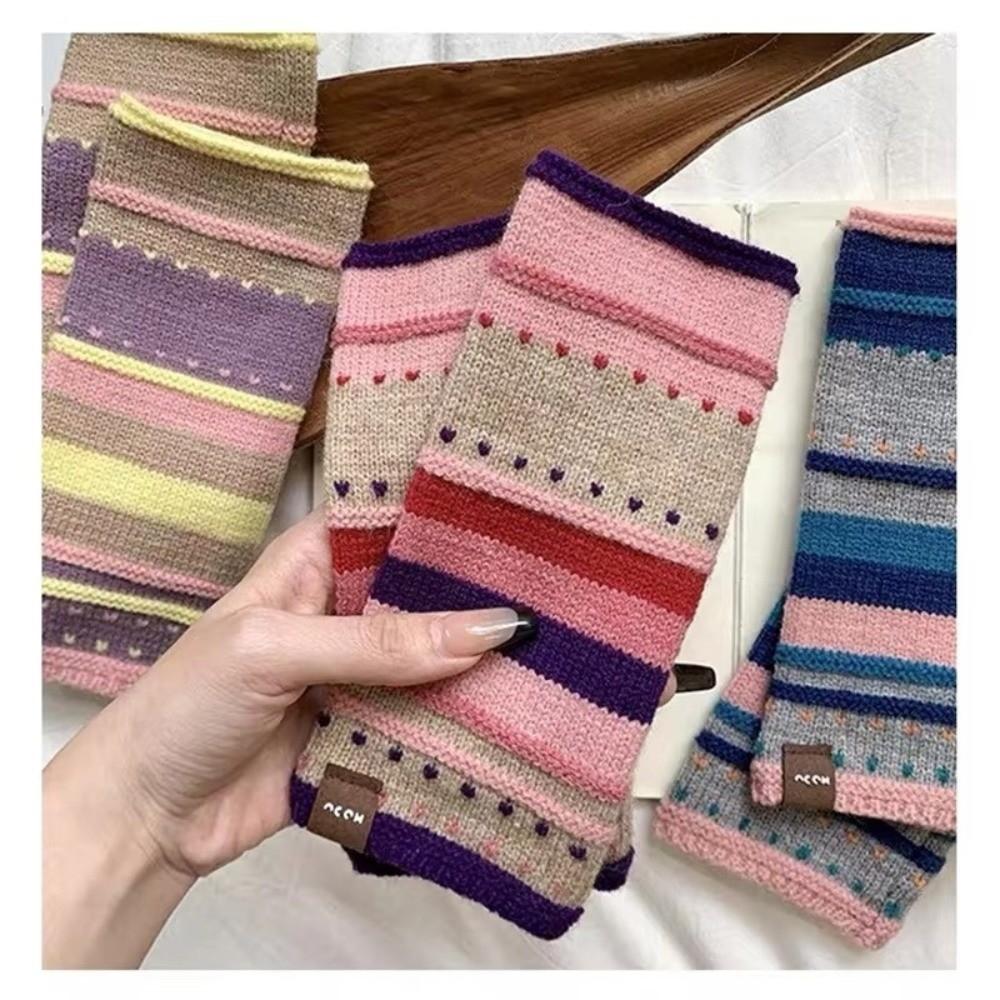Soft Colorful Striped Fingerless Gloves Writing Work Gloves Retro Women Gloves Winter Wrist Glove