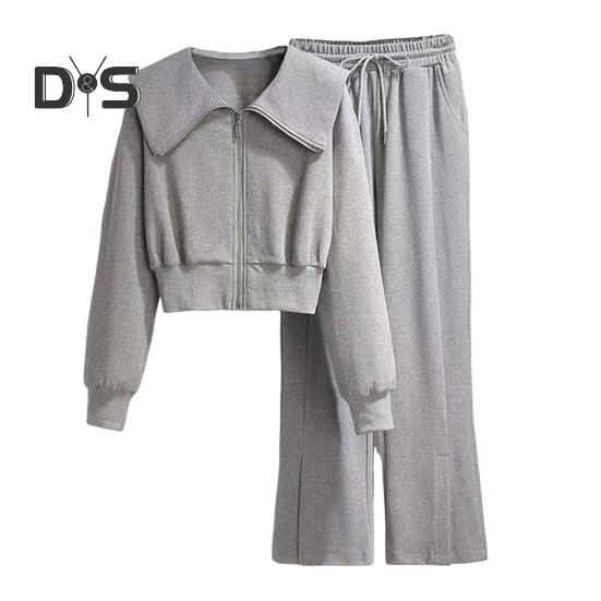 

2 шт./комплект женский пиджак брюки костюм отложной воротник застежка-молния длинный рукав плотная куртка эластичный пояс широкие штанины карманы брюки зимняя спортивная одежда M серый