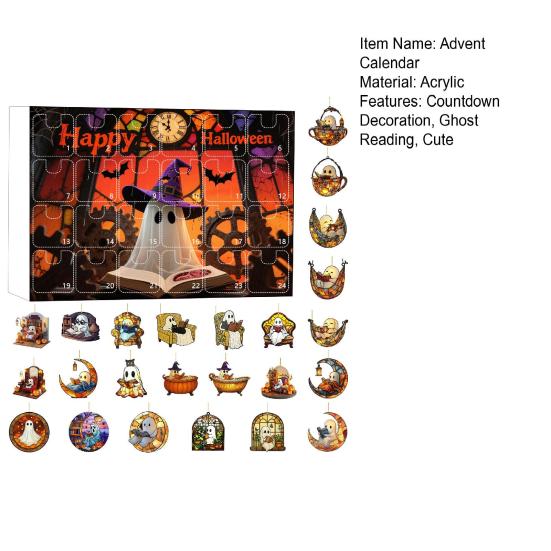 2025 Halloween 2D Ghost Reading Ornament Countdown Set 24 Days Advent Calendar Stained Glass Window Hanging Suncatchers for Home Decor