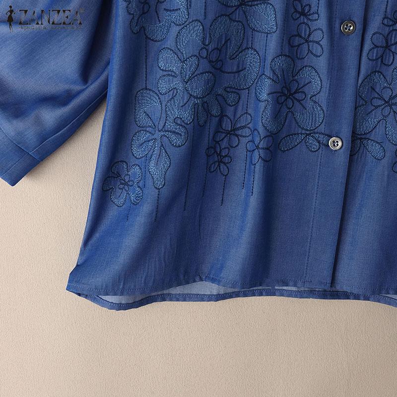 ZANZEA Dame Bluse med nedbrettskrage, 3/4-ermer, løs passform, broderi