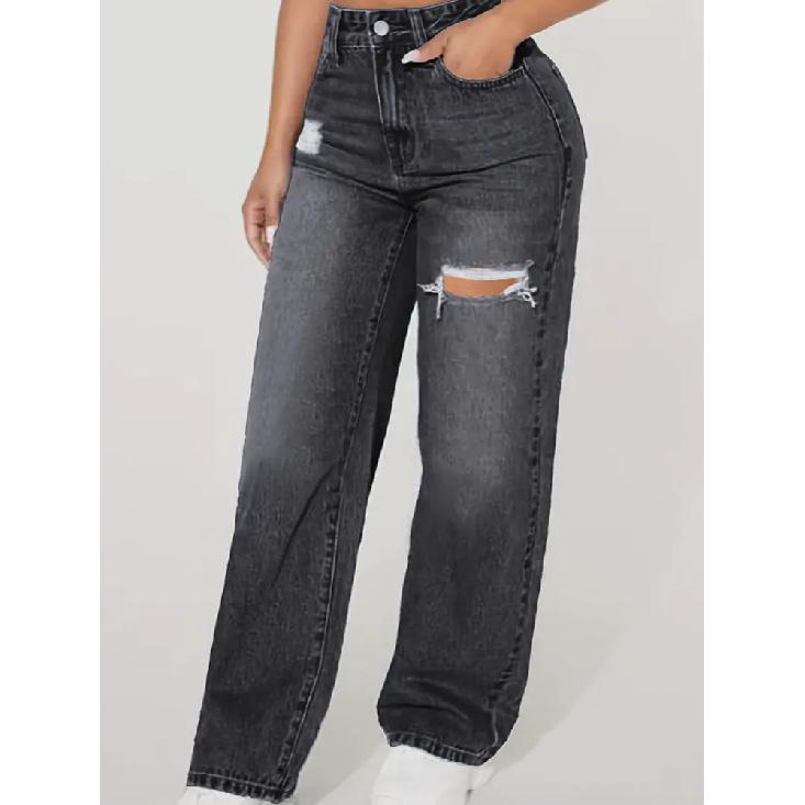 Mom Jeans Dámské Džínové Kalhoty Široké Nohavice Dlouhé Kalhoty Dírky Vysoký Pas Rovné Kalhoty Y2k Streetwear Práce Prošívané Ležérní Punk