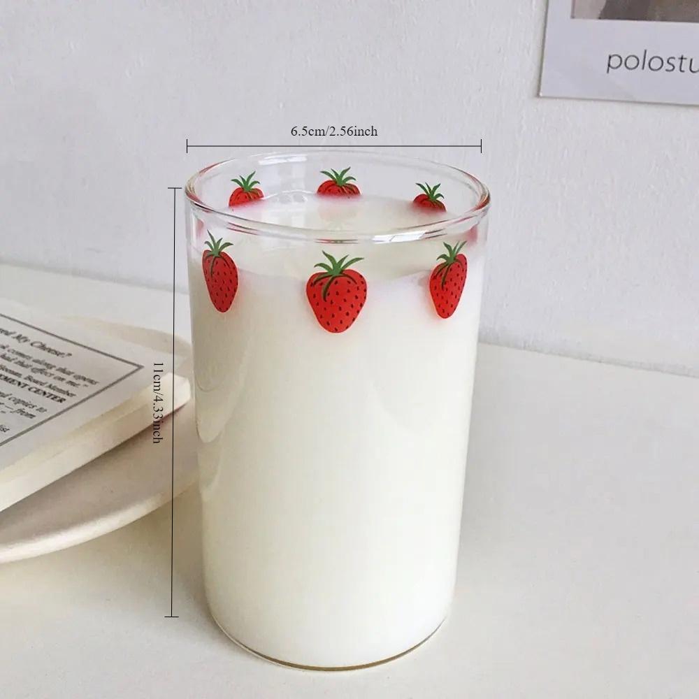 1pc Strawberry Cute Glass Cup with Straw 300ml Creative Transparent Water Cup Student Milk Heat Resistant Glass Cup for Juice 300ml