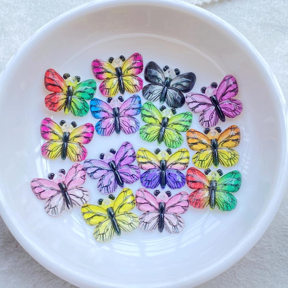 20Pcs Cute Colorful Shiny Butterfly with a Hole Flat Back Resin Scrapbooking DIY Jewelry Hairpin Craft Decoration Accessorie