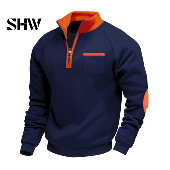 Solid Color Zip Up Tops Men Quarter Zipper Pullover Tops, Mock Neck Long Sleeve Sweatshirt, Contrast Winter Warm Casual Sport with Chest Pocket, Fall