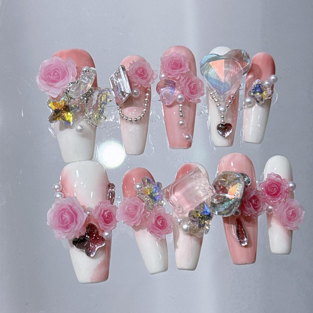

100% РУЧНАЯ РАБОТА Длинные накладные ногти в форме гроба Длинные трапециевидные накладные ногти в форме гроба Розовые романтические хрустальные алмазные накладные ногти акриловые накладные ногти многоразовые L Large