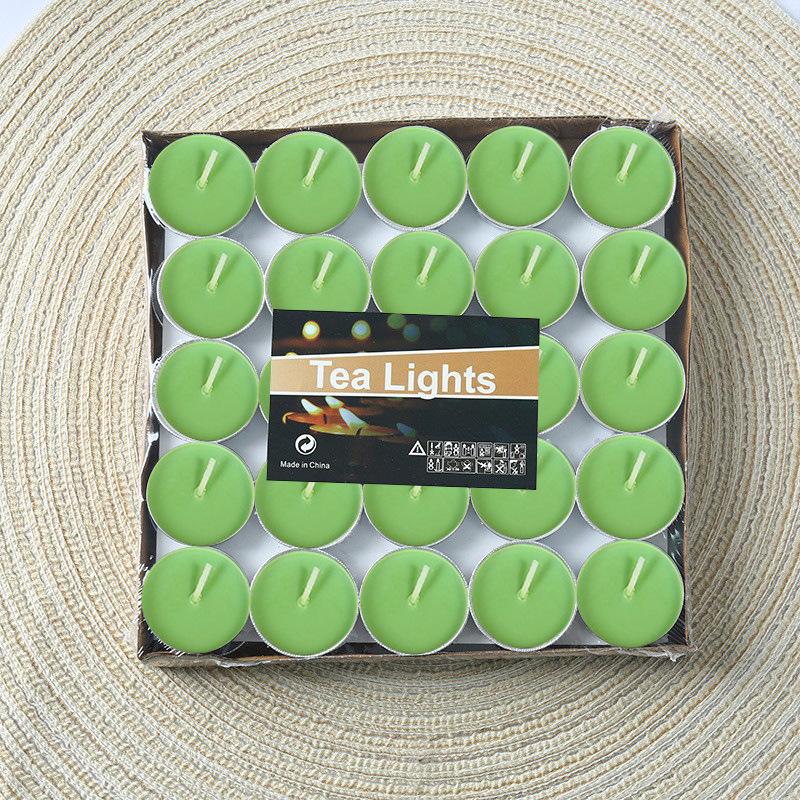 

Wedding Round Tea Wax Hotel Insulation Wax Proposal Small Candle Praying Lighting Emergency Candle Green Round Tea Wax (Box/50 Capsules)