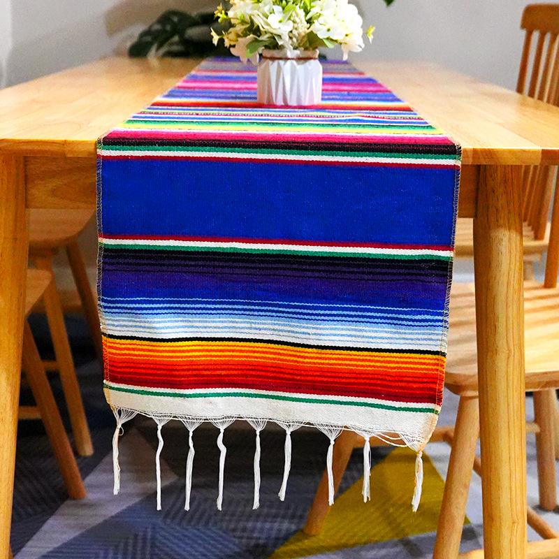 Мексиканский флаг на стол, скатерть для вечеринки, тканая скатерть, бахромчатое одеяло, мексиканская скатерть, полосатое одеяло 35 * 215 + tassel 10cm * 2 195g