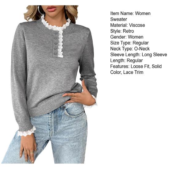 Women Sweater Round Neck Buttons Half Placket Long Sleeve Knitting Tops Solid Color Lace Trim Jumper Tops Casual Wear