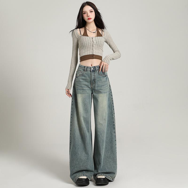Women's High-Waisted Wide-Leg White Jeans - 2025 Autumn Collection, Loose Fit, Floor-Length, Slimming Casual Style