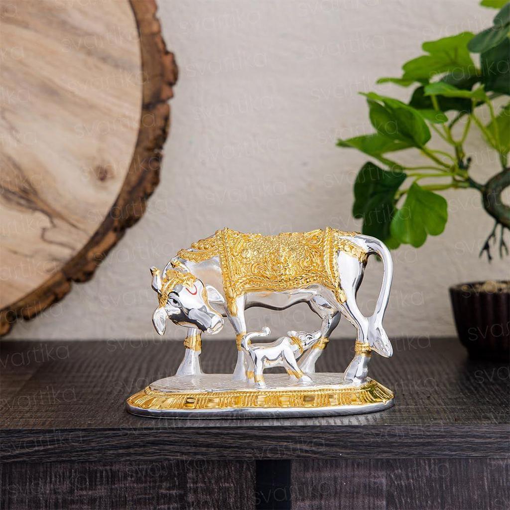 Kamdhenu Cow with Calf Idol | 24K Gold & 999 Silver Plated | Excellent Vastu Correction Remedy for Financial Problems | Wedding & Housewarming Gift