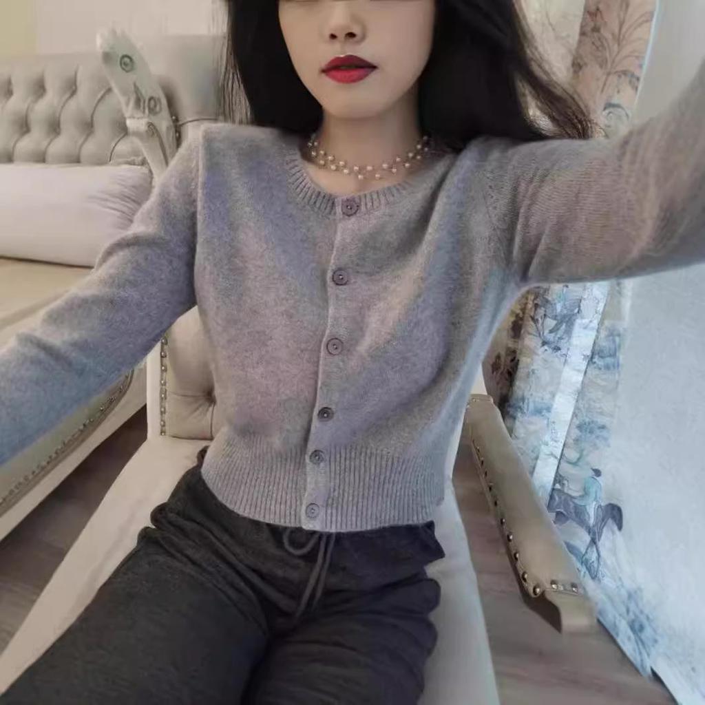 Premium Korean Style 100% Pure Wool Knitted Cardigan - Women's Spring/Autumn Short Base Coat