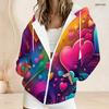 Ladies Plus Size Zipper Hoodie Colorful Swirl Heart Star Art Print Long Sleeve Casual Hooded Sweatshirt
