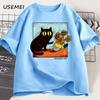 Van Gogh Cat Graphic T Shirts Men Women Flower Black Cat T-shirt Round Neck Cotton Short Sleeve Trendy Tee Shirt Streetwear