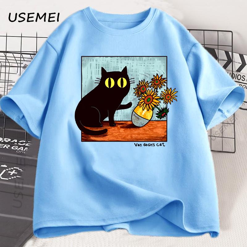 Van Gogh Cat Graphic T Shirts Men Women Flower Black Cat T-shirt Round Neck Cotton Short Sleeve Trendy Tee Shirt Streetwear
