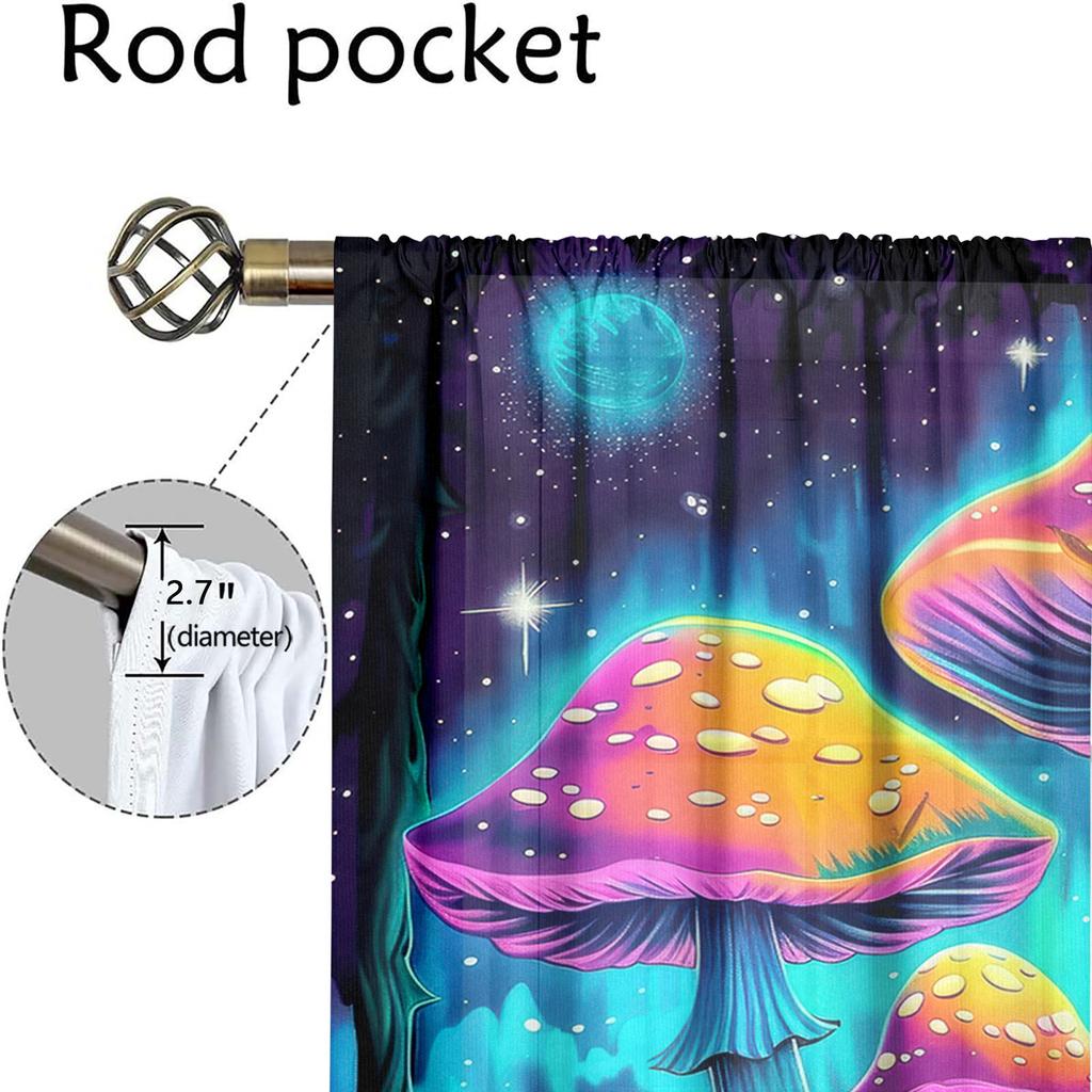 2Pcs Fantasy Mushroom Curtains Glowing Night Scene Pattern Living Room Bedroom Balcony Sunshade Magical Art Decor Curtains