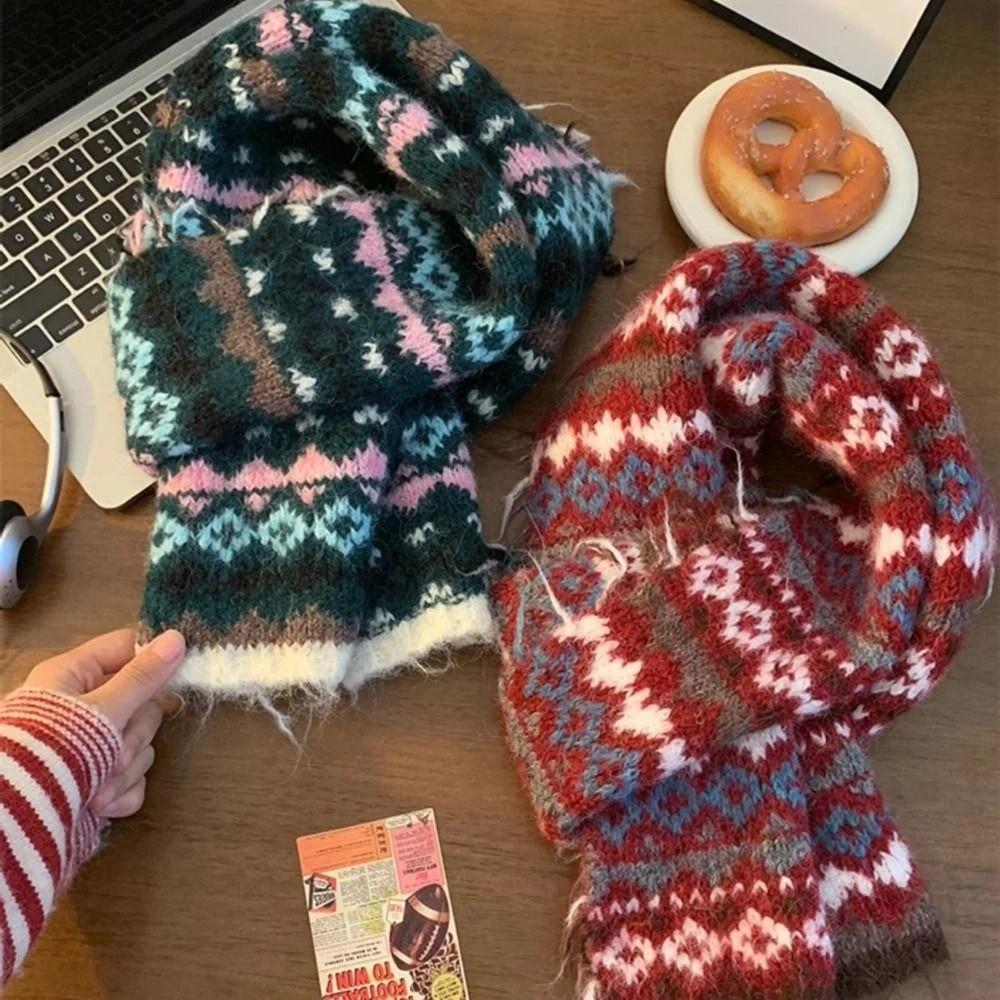 Wool Jacquard Knitted Scarf Printed Winter Wool Neckerchief Sweet Fair Isle Style Scarf  Autumn
