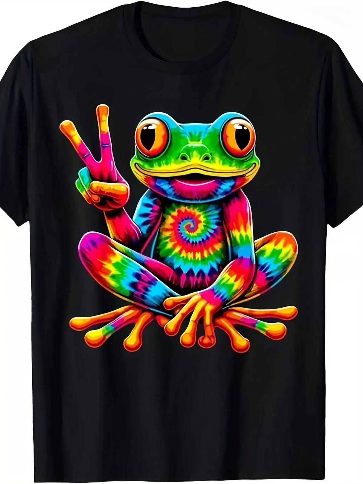 Tie Dye Peace Frog Graphic Tee - Retro Psychedelic Colorful Toad T-Shirt XL
