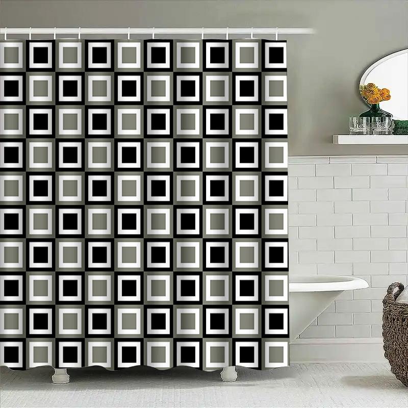 Modern Black White Gray Geometric Squares Shower Curtain Decorative Bathroom Waterproof Fabric Available In Various Sizes (Large