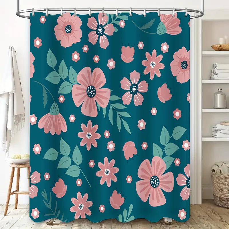 Blue Shower Curtain with Flower Print Perfect for Bathroom Decor 3D Printed Waterproof Fabric Various Sizes Available on