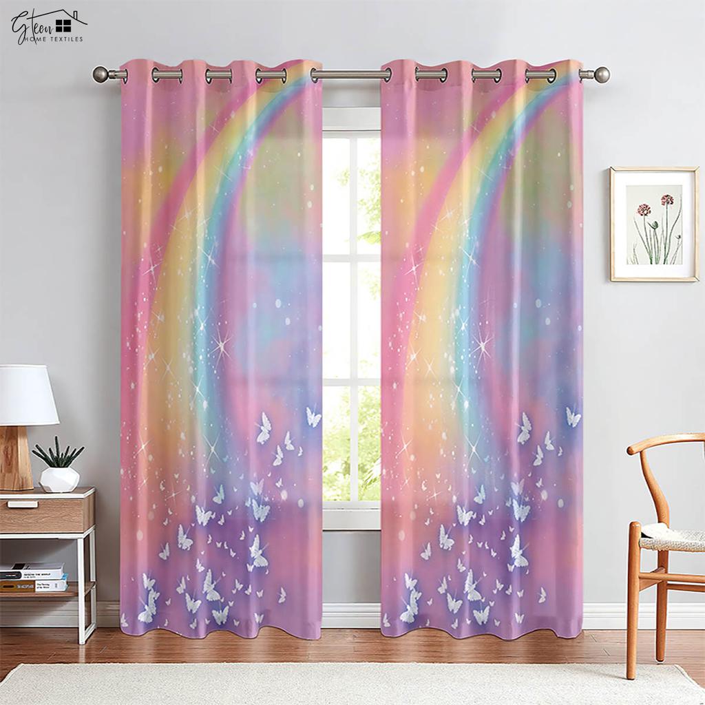 Kreskówkowe zasłony z nadrukiem jednorożca i tęczy Zasłony do pokoju dziecięcego Poliester Łatwe w praniu i pielęgnacji Dekoracja domu 2 szt.