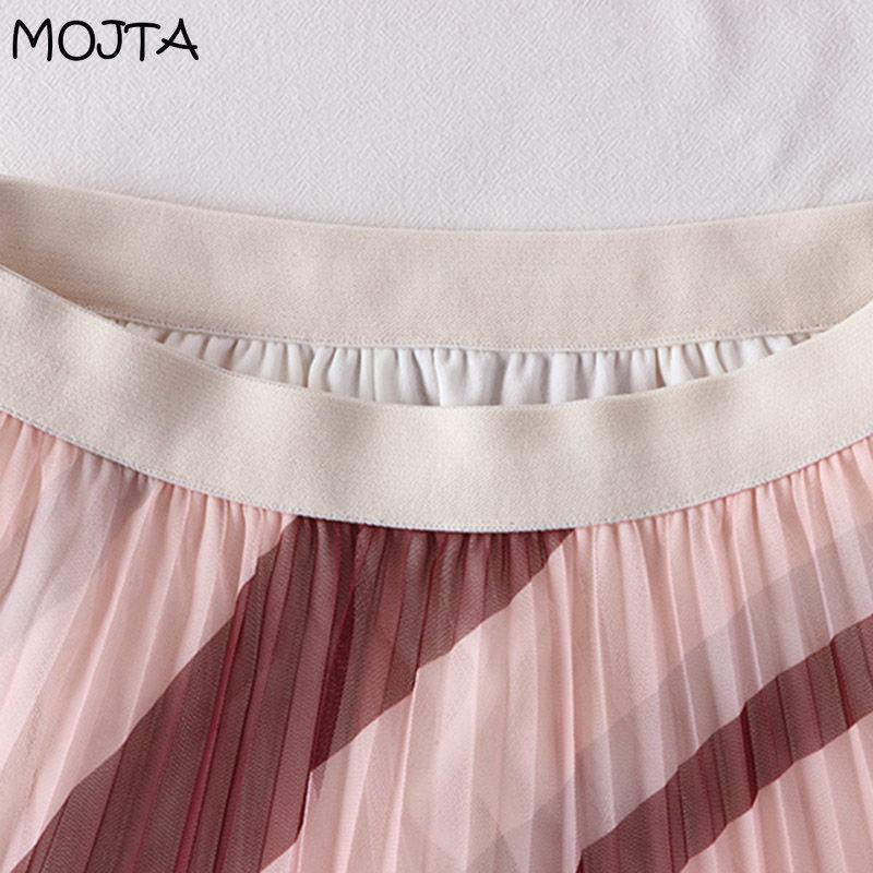 MOJTA Mid-length Skirt Spring Summer Women's Elastic High Waist Skirt A-line Pleated Mesh Contrast StripesSkirt