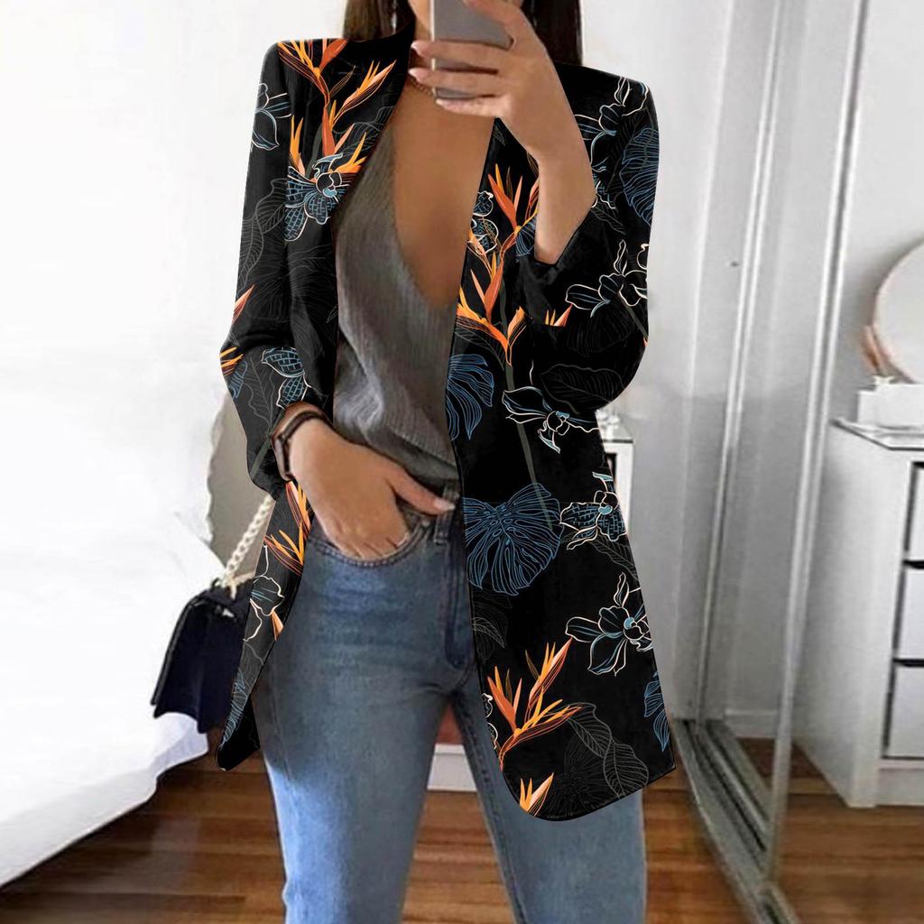 Women's Casual Fashion Print Lapel Long Sleeve Slim Fit Jacket