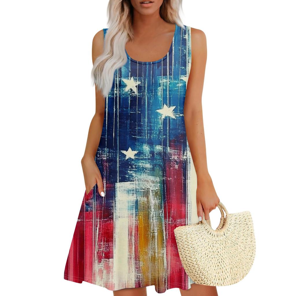 Women's Summer Casual Square Neck Independence Day Printed Dress Sleeveless Dress With Pockets