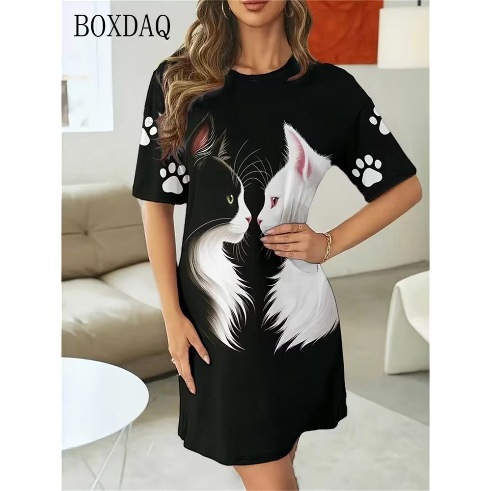 Summer Women's Dresses Casual Short Sleeve Round Neck Cute Cat Pattern Printed Loose Dress
