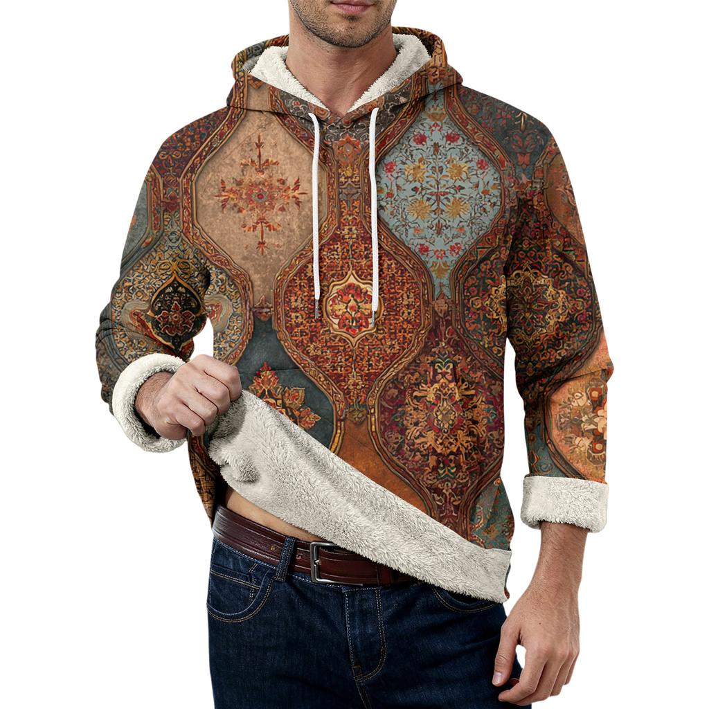 Herr långärmad fleecehuvtröja med fickor, casual