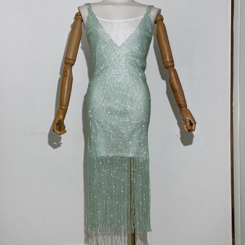 Yanni Lake Blue Rhinestone Tassel Bodycon Dress with Slimming Midi Skirt & Long Sleeve Top