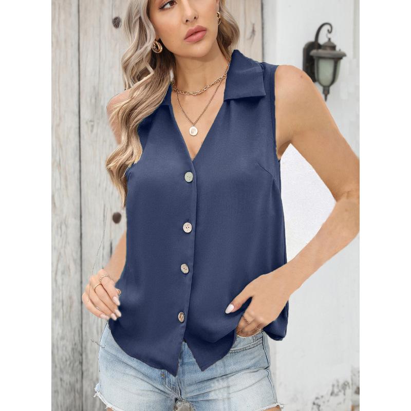 Women's Solid Color V-neck Loose Chiffon Shirt Sleeveless Twist-button Vest Shirt Clothes Sale