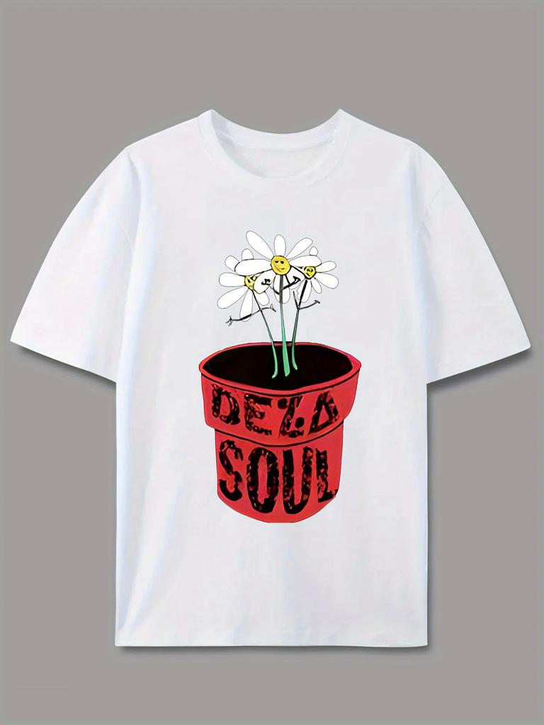 Mens Casual Graphic Tee Daisy Plant DEZA SOUL Print Short Sleeve TShirt Unisex Streetwear Style Blend Summer Casual Attire