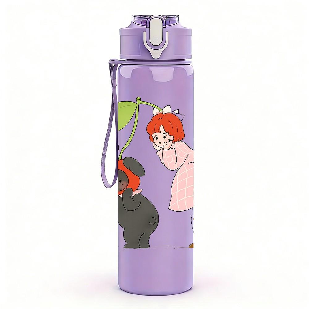 1PC Girl Bird Retro Cute Cartoon Print 750ml Color Plastic Sports Water Bottle Leakproof Flip Straw Lid Suitable for Sports Office Home Use