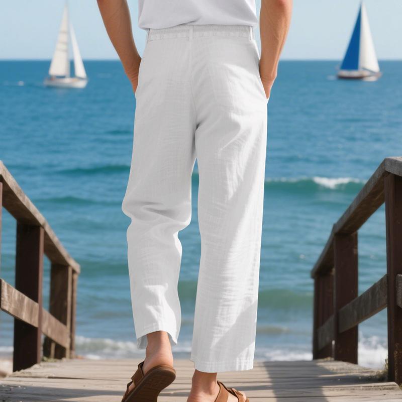 Men's Relaxed Fit Casual Straight-Leg Linen Naples-Style Breathable Trousers