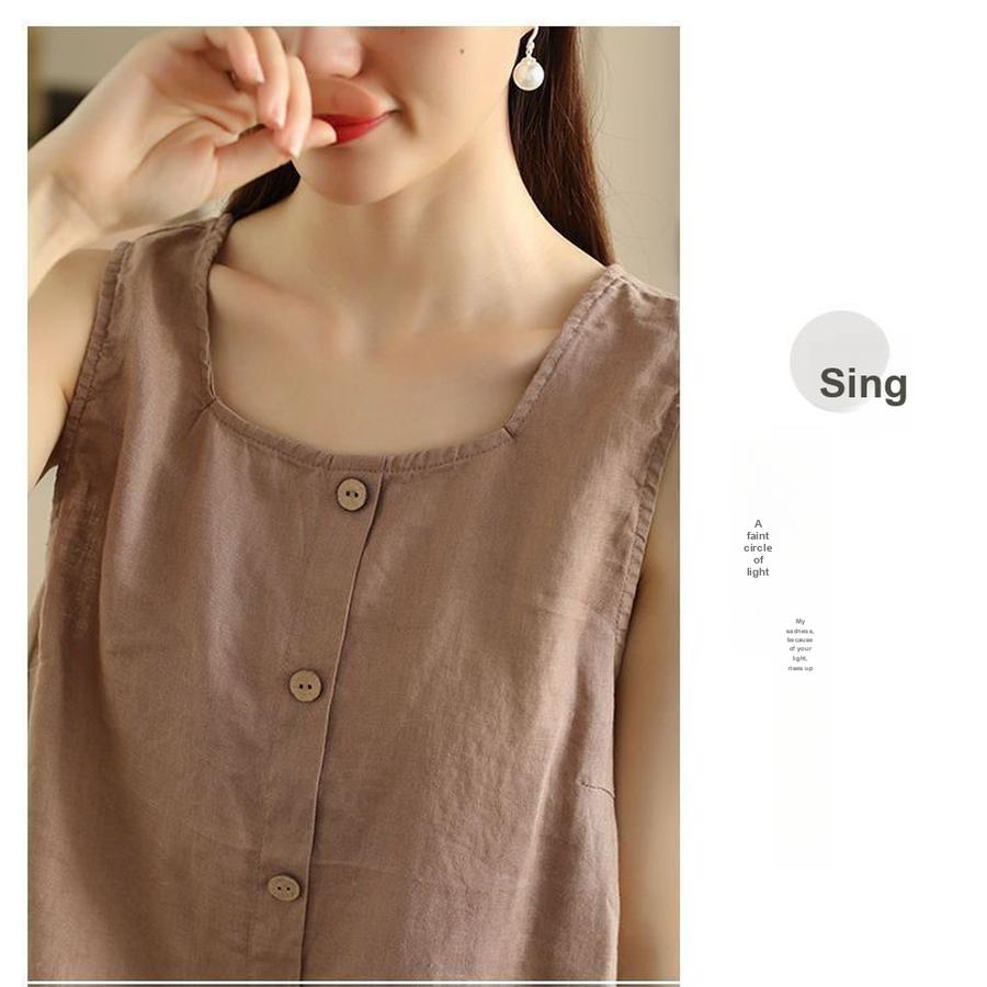 Cotton Linen Sleeveless T-Shirt Summer Casual Button Decoration Vest Loose Top