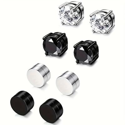 Erkekler için 4 Çift 6mm Paslanmaz Çelik Manyetik Küpe, Piercingsiz Klipsli Küpe