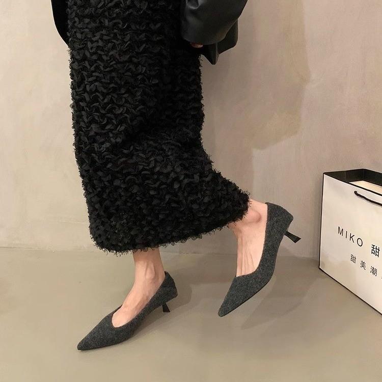 French Black High Heels Pointed Single Shoes Women's Shoes 2025 New Autumn and Winter Outer Wear Velvet Commuter Temperament Shoes