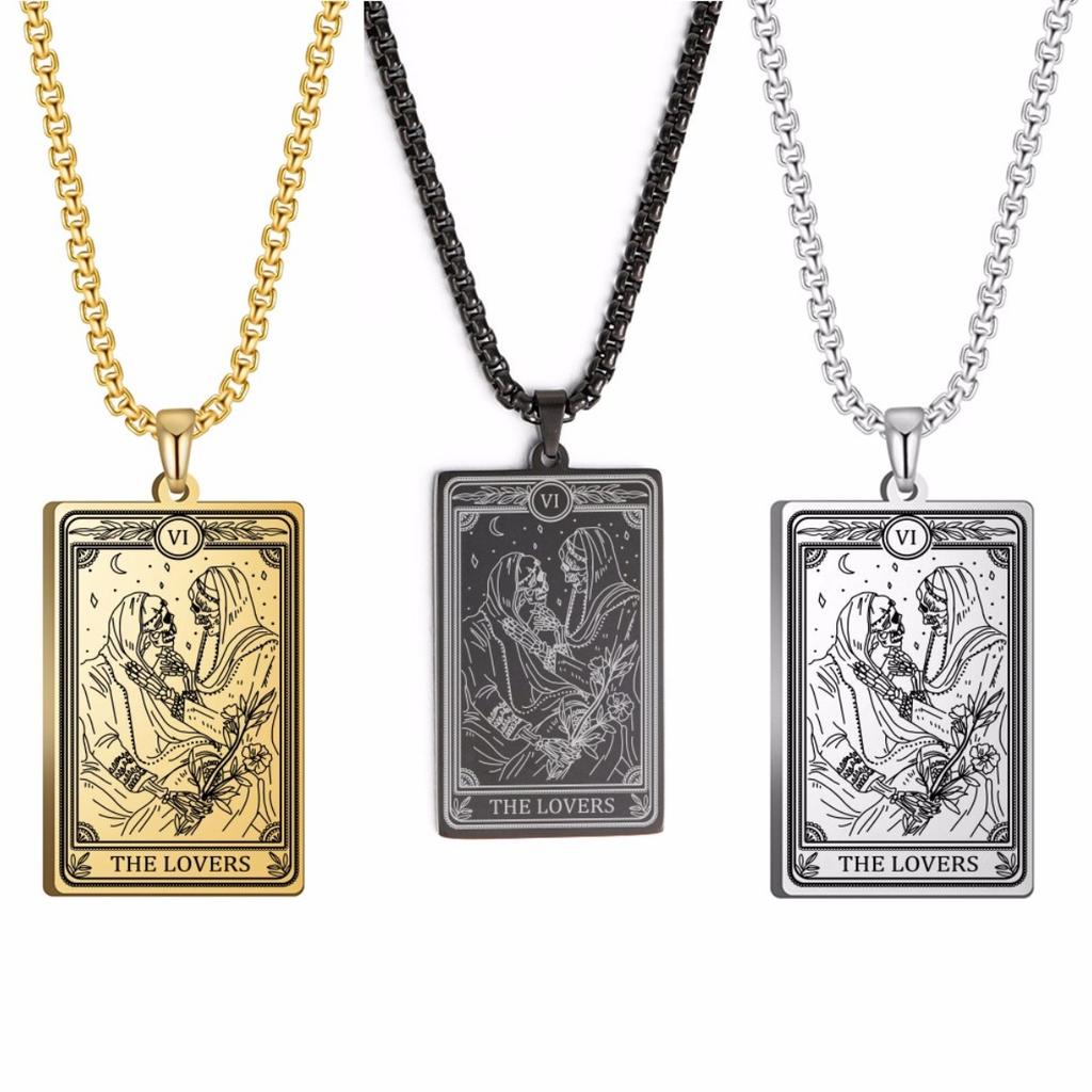 Collana Tarot Scheletro Calendula Strega Talismano Acciaio Inossidabile Coppia Teschio Abbraccio Collana Gay Amuleto Gioielli Regalo di Halloween