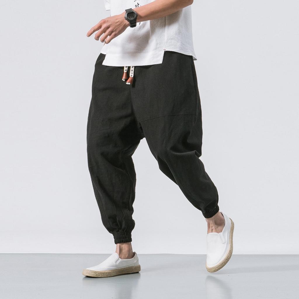 2022 Men's Loose Linen Ankle-Length Drawstring Trousers - Youthful Spring/Summer Style, Plus Size, Solid Color.