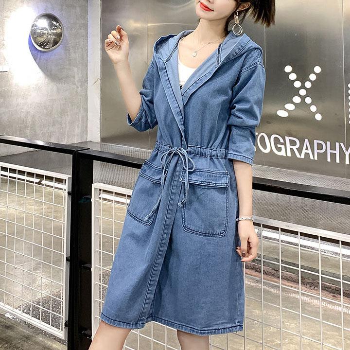 Wiosenny i jesienny damski z kapturem z długim rękawem sznurowany płaszcz dżinsowy do połowy łydki znosić kurtki Plus rozmiar Denim Cardigan