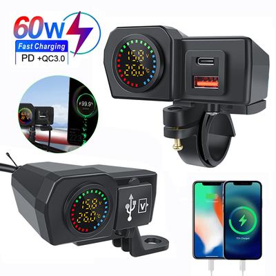Cargador rápido USB PD QC3.0 para motocicleta, resistente al agua, tipo C, con voltímetro digital, termómetro y adaptador de corriente para teléfono.