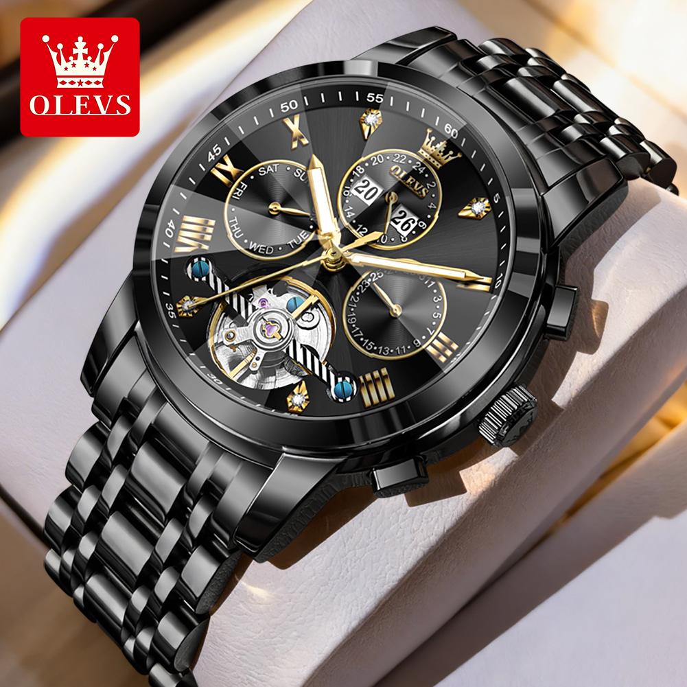 OLEVS Automatic Mechanical Watches for Men Stainless Steel Skeleton Flywheel Perpetual Calendar Rhombus Mirror Luxury Man Watch
