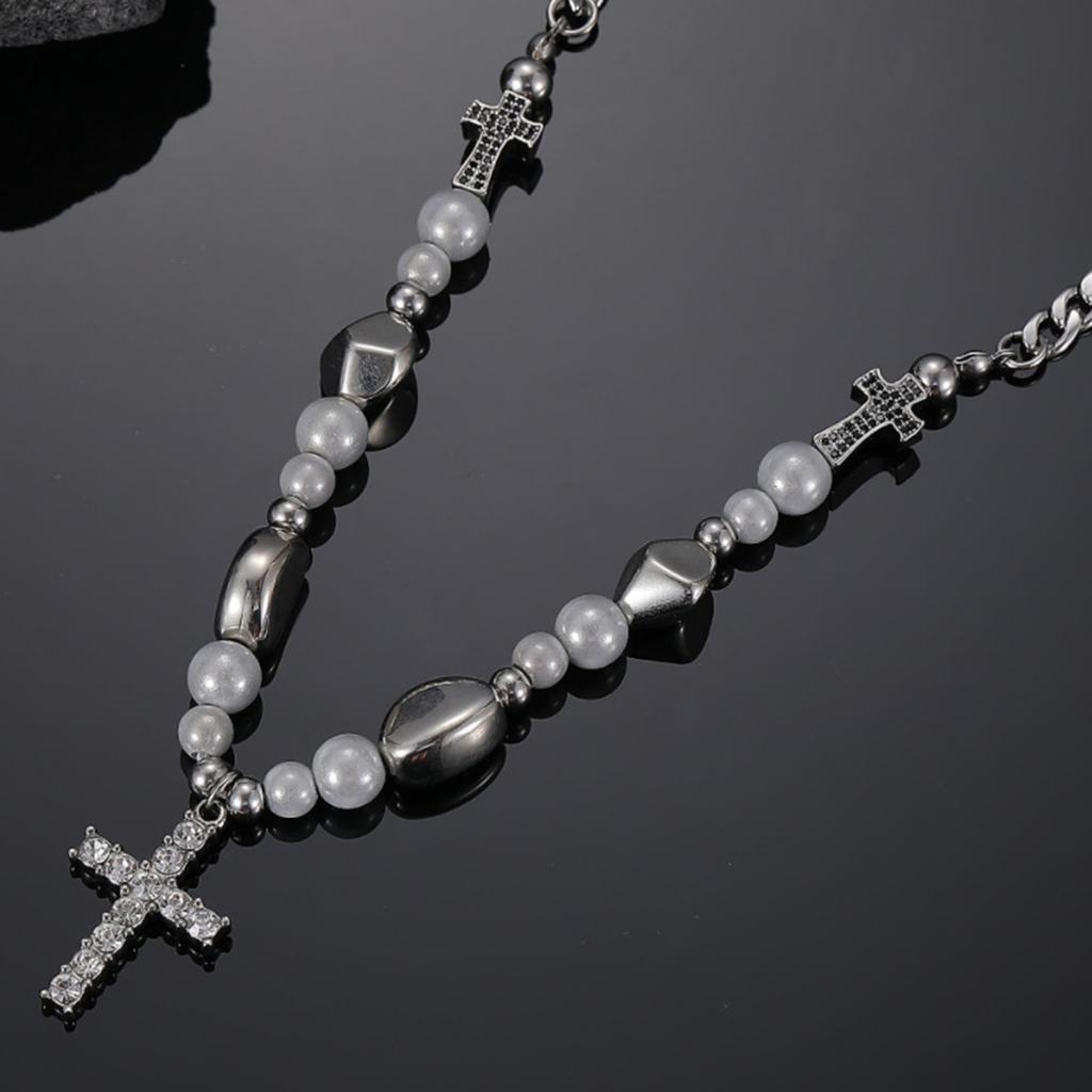 Cross Pendant Necklace Reflective Pearl Choker Chain Clavicle Chain Necklace