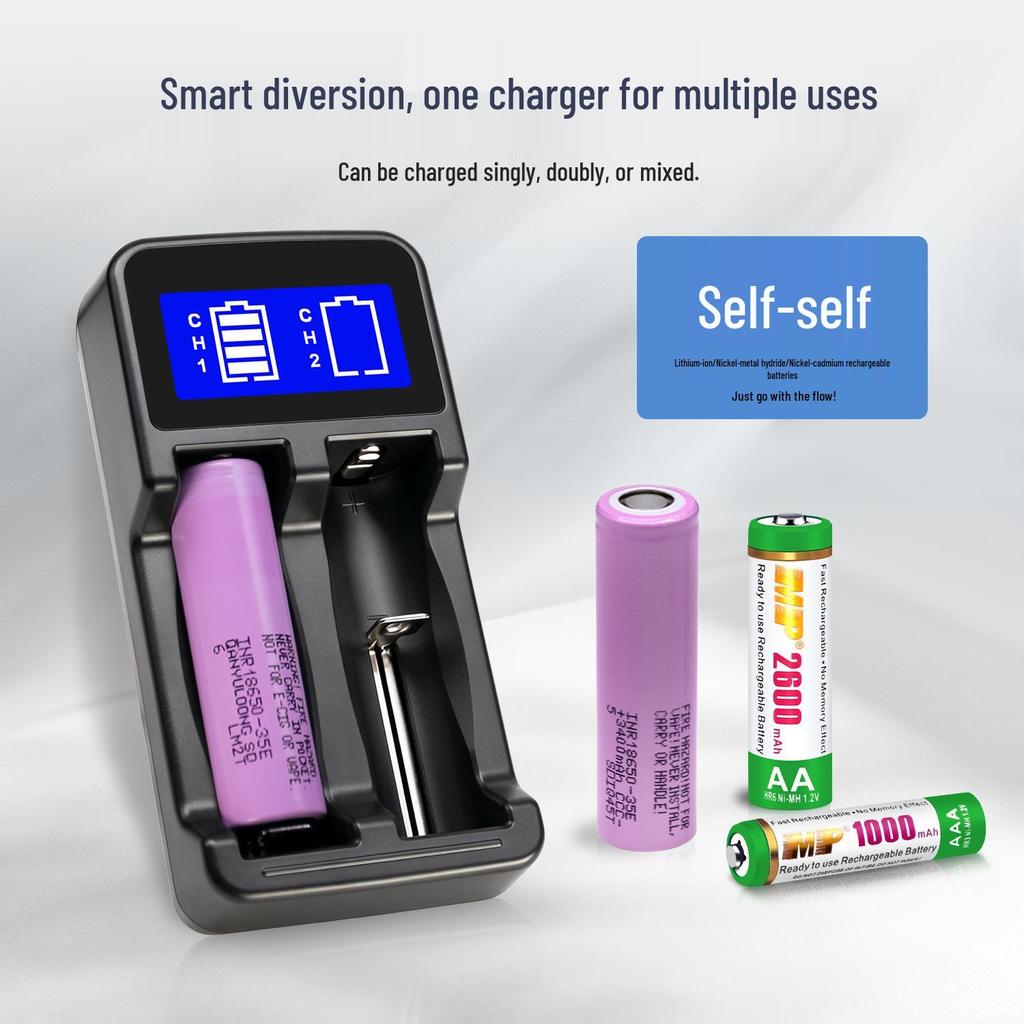Zwei-Schlitz-LCD-Ladegerät für AA/AAA/18650 NiMH/Li-Ionen-Akkus, Automatischer Stopp bei vollständiger Ladung
